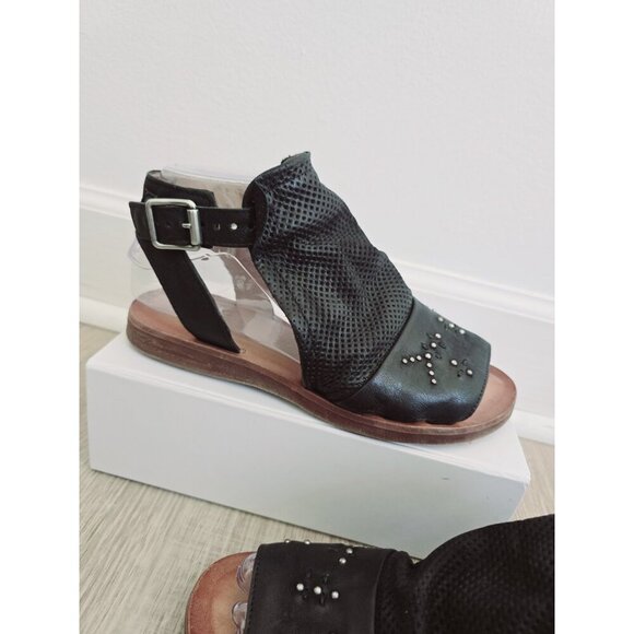 Miz Mooz Fifi Black Leather Peep Open Toe Gladiator Sandals Shoes 37 7 Wide Stud - Picture 3 of 10